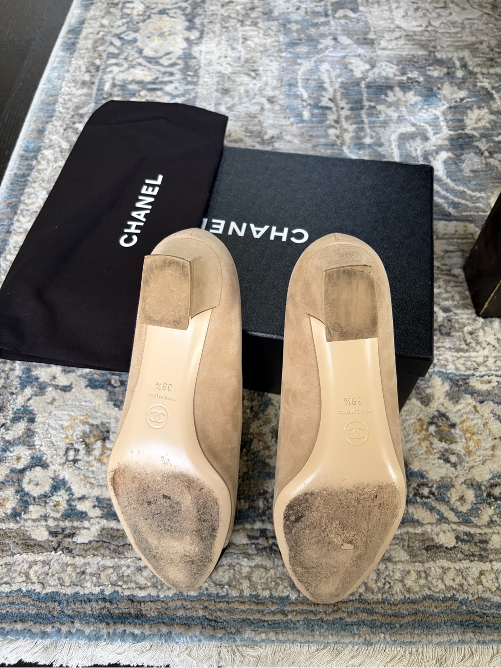 CHANEL Beige Suede Pumps with Black Cap Toe - Picture 11 of 11
